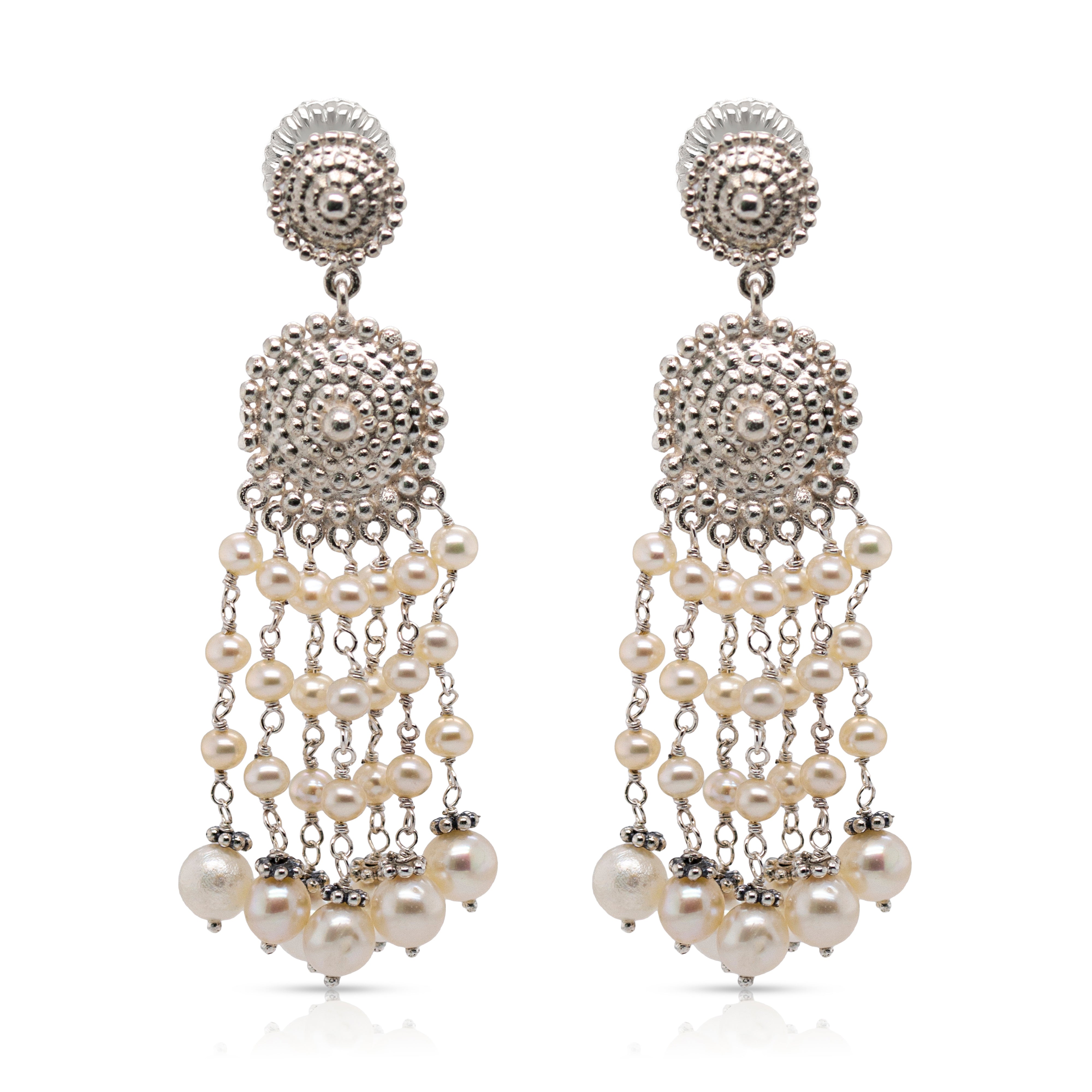 925 Sterling Silver Medallion and Pearl Braided Beads Cascade Earrings