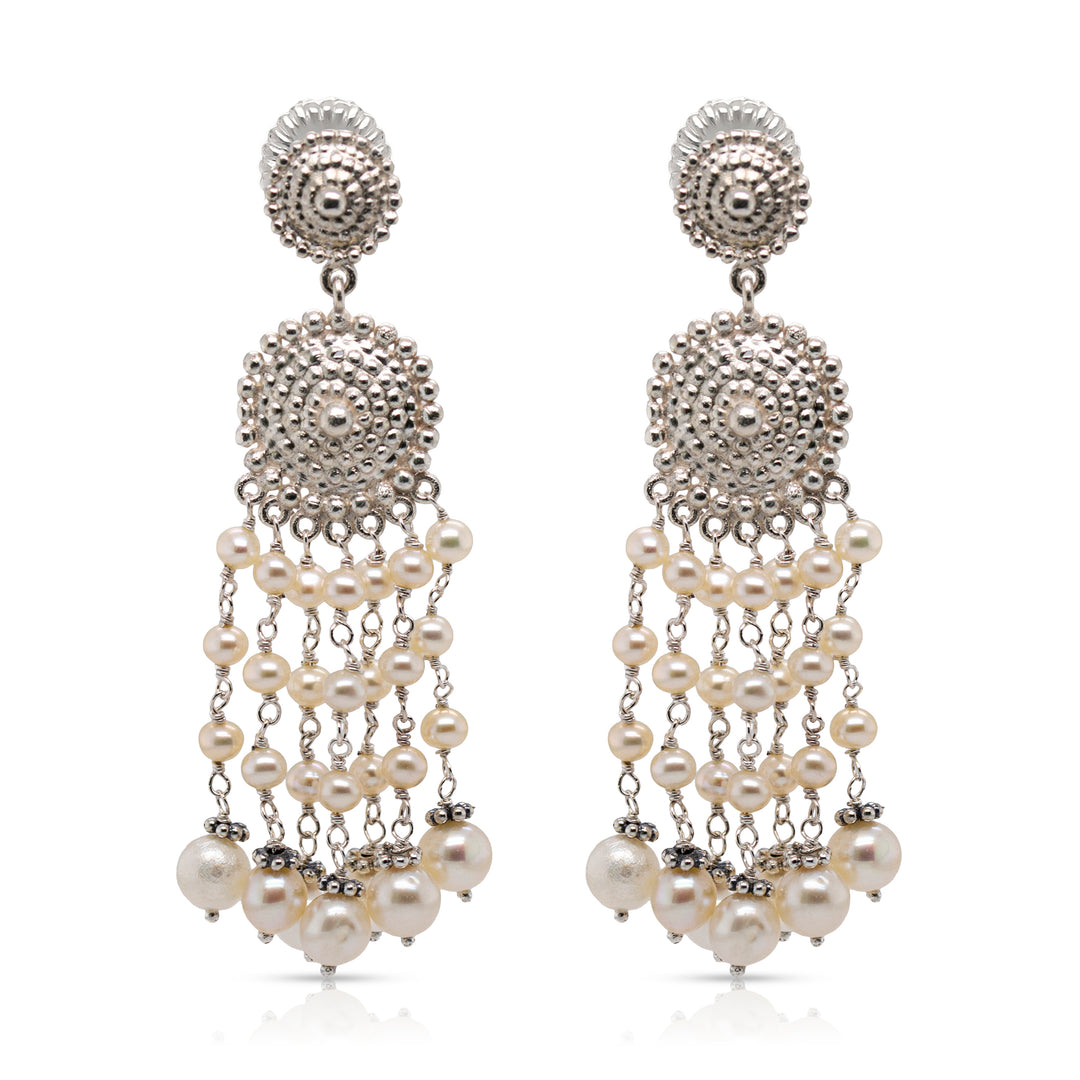 925 Sterling Silver Medallion and Pearl Braided Beads Cascade Earrings