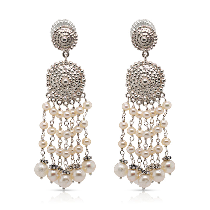 925 Sterling Silver Medallion and Pearl Braided Beads Cascade Earrings
