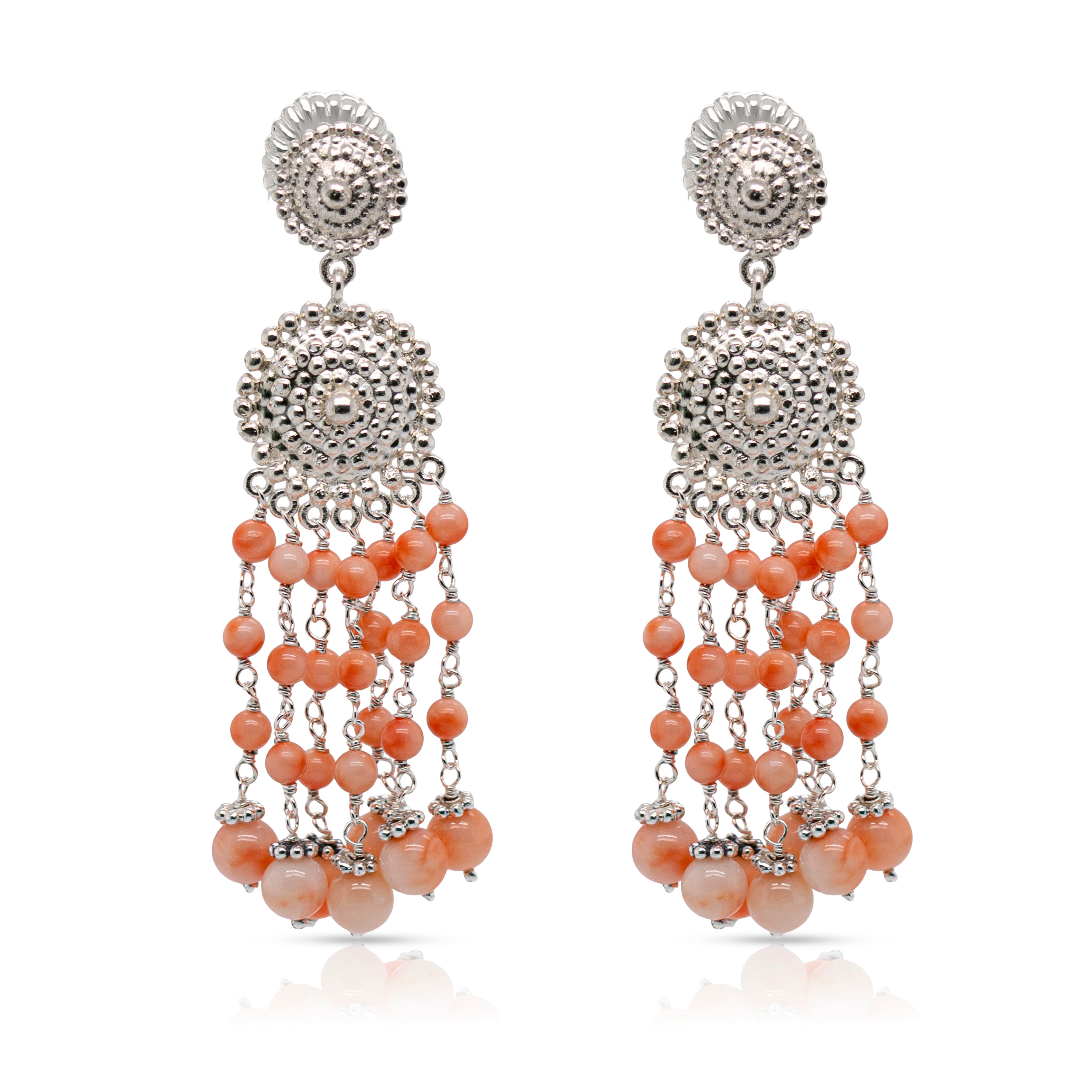 925 Sterling Silver Medallion and Coral Braided Beads Cascade Earrings