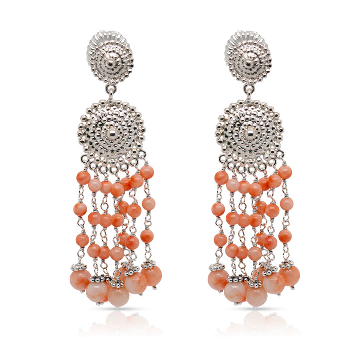 925 Sterling Silver Medallion and Coral Braided Beads Cascade Earrings