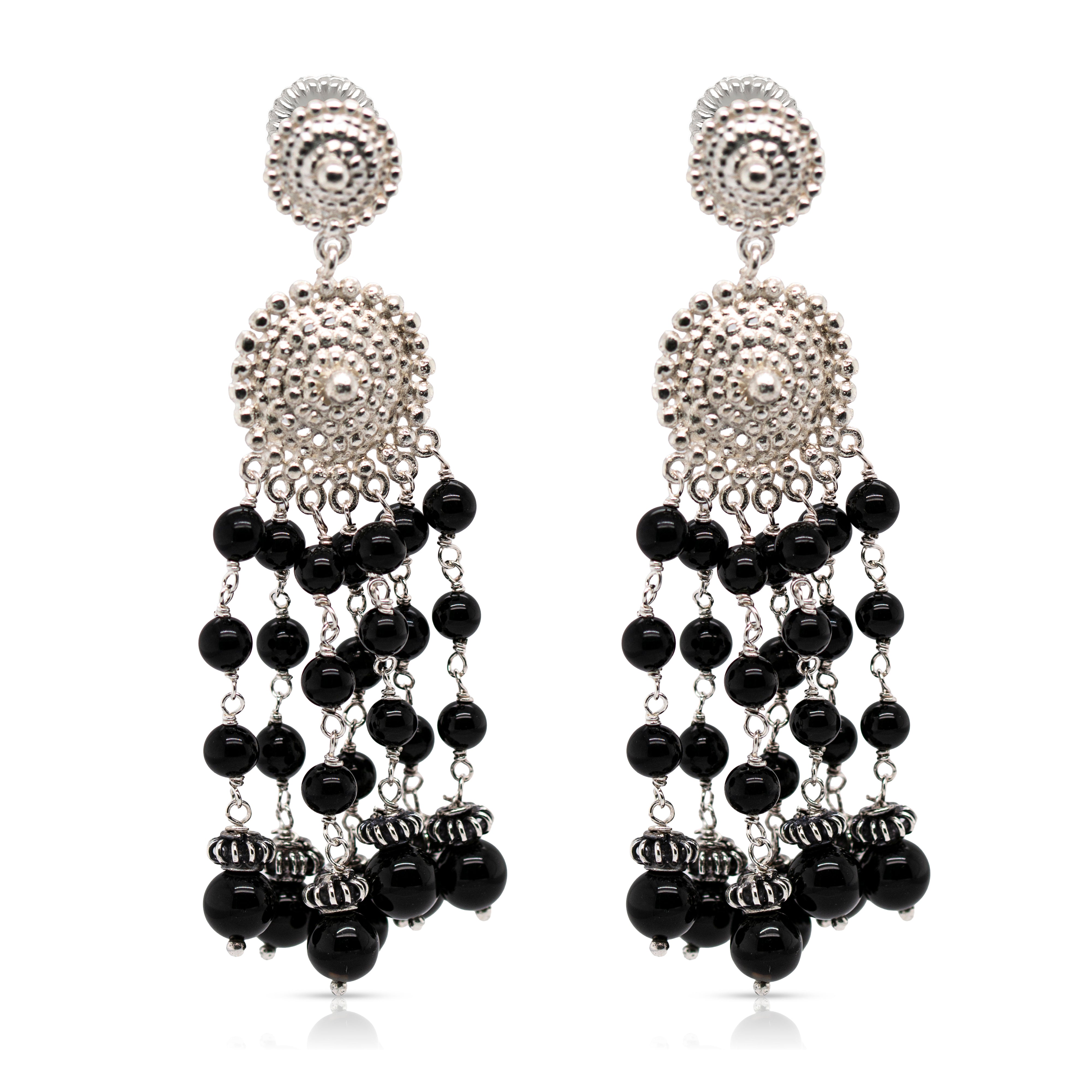 925 Sterling Silver Medallion and Black Onyx Braided Beads Cascade Earrings