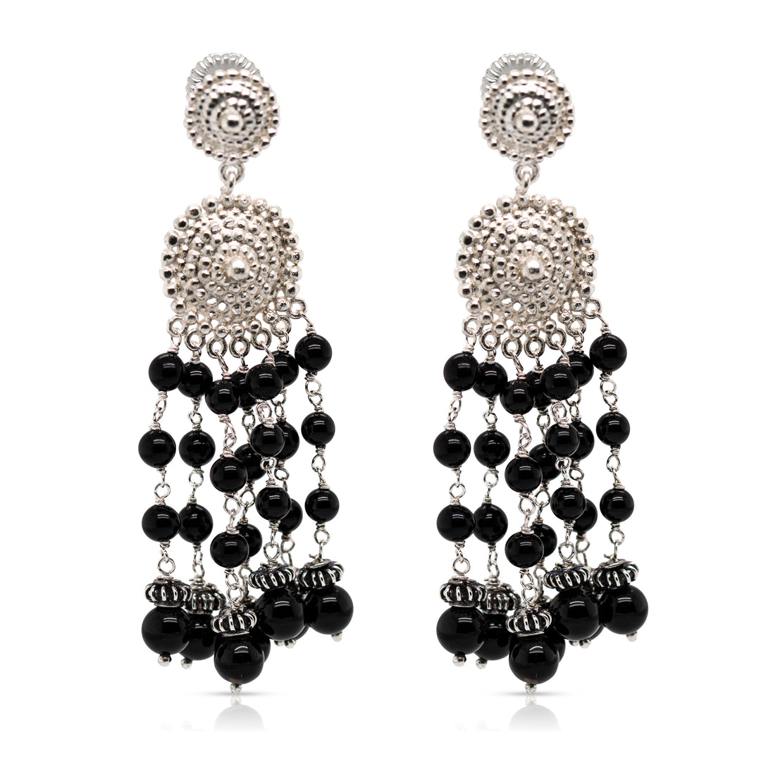 925 Sterling Silver Medallion and Black Onyx Braided Beads Cascade Earrings