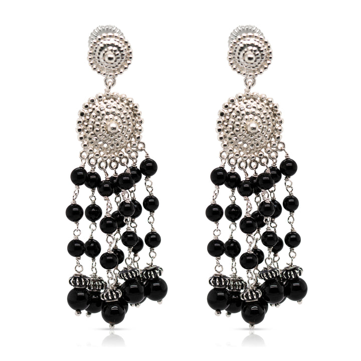 925 Sterling Silver Medallion and Black Onyx Braided Beads Cascade Earrings