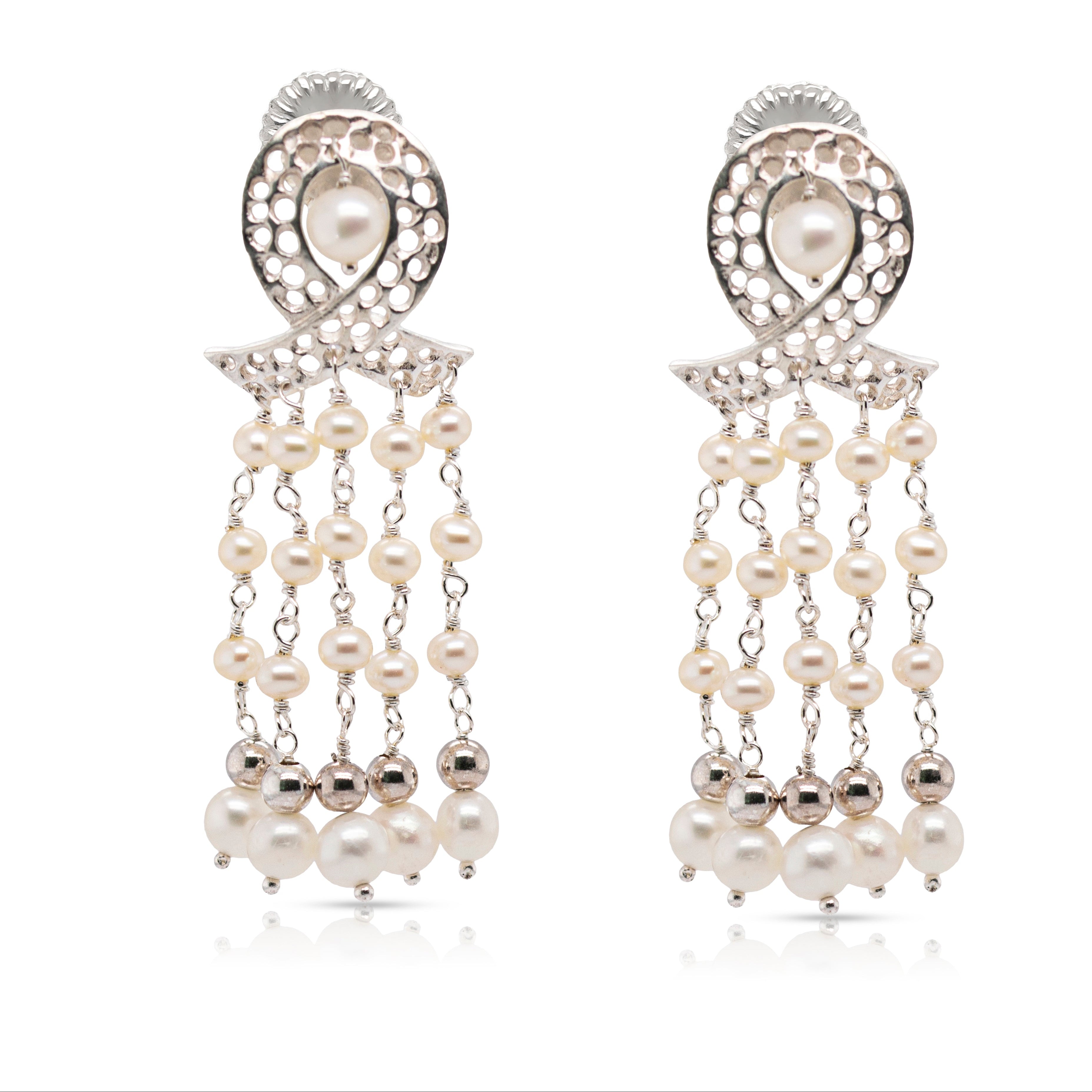925 Sterling Silver Ribbon and Braided Pearls Cascade Earrings