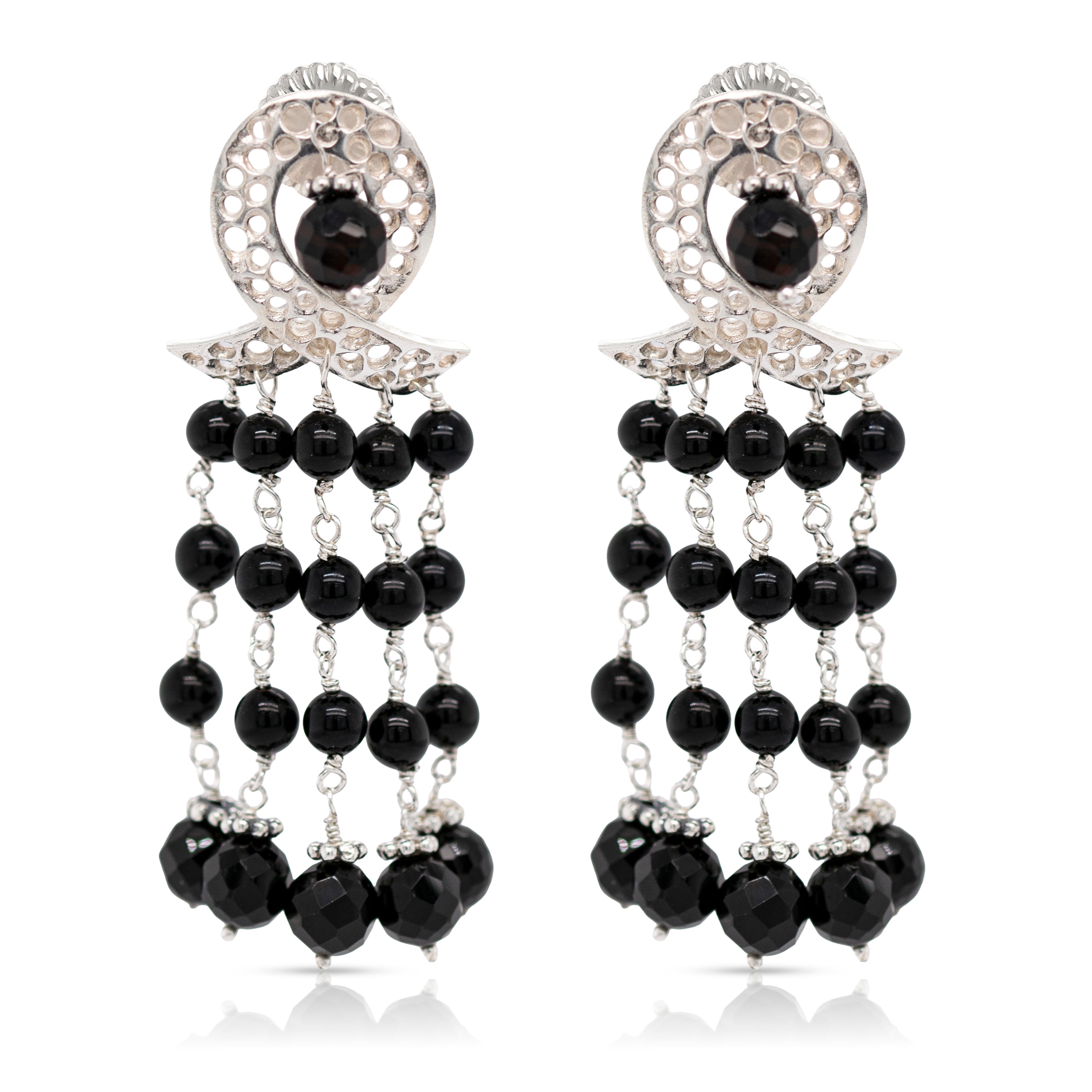 925 Sterling Silver Ribbon and Braided Black Onyx Beads Cascade Earrings