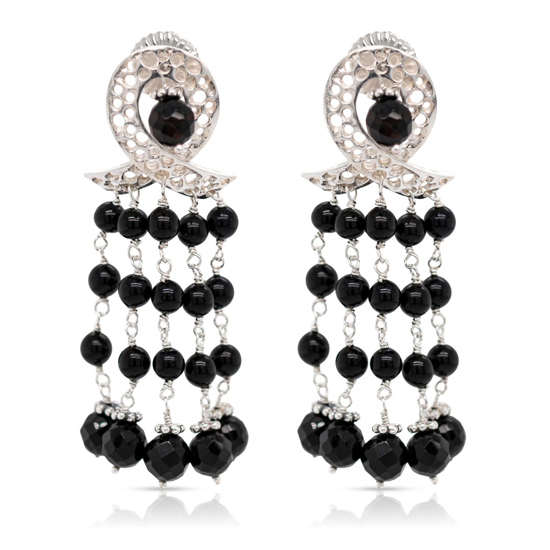 925 Sterling Silver Ribbon and Braided Black Onyx Beads Cascade Earrings