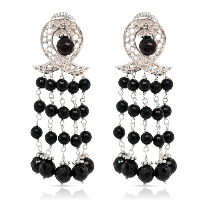925 Sterling Silver Ribbon and Braided Black Onyx Beads Cascade Earrings