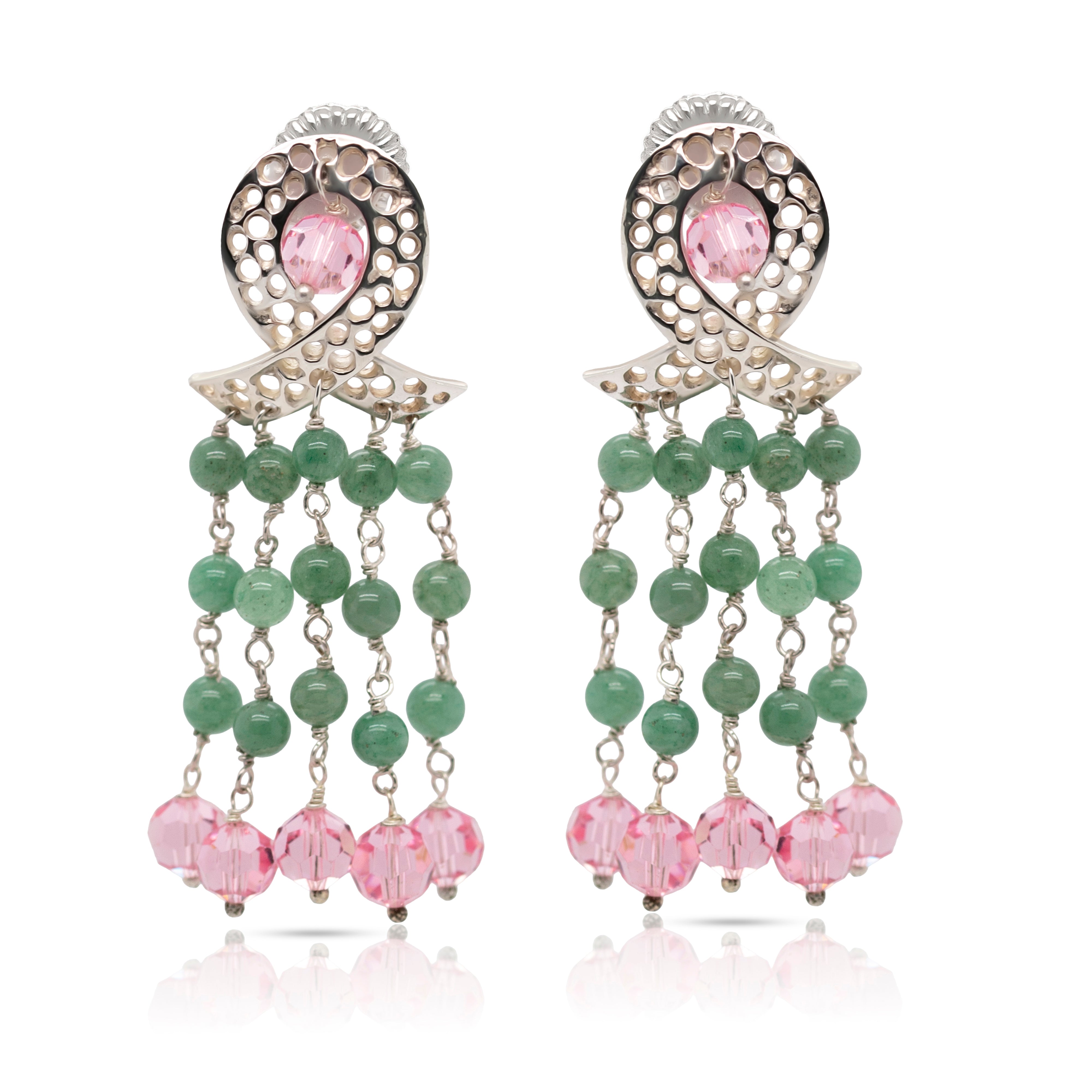 925 Sterling Silver Ribbon and Braided Green Aventurine, Pink Swarovski Cascade Earrings