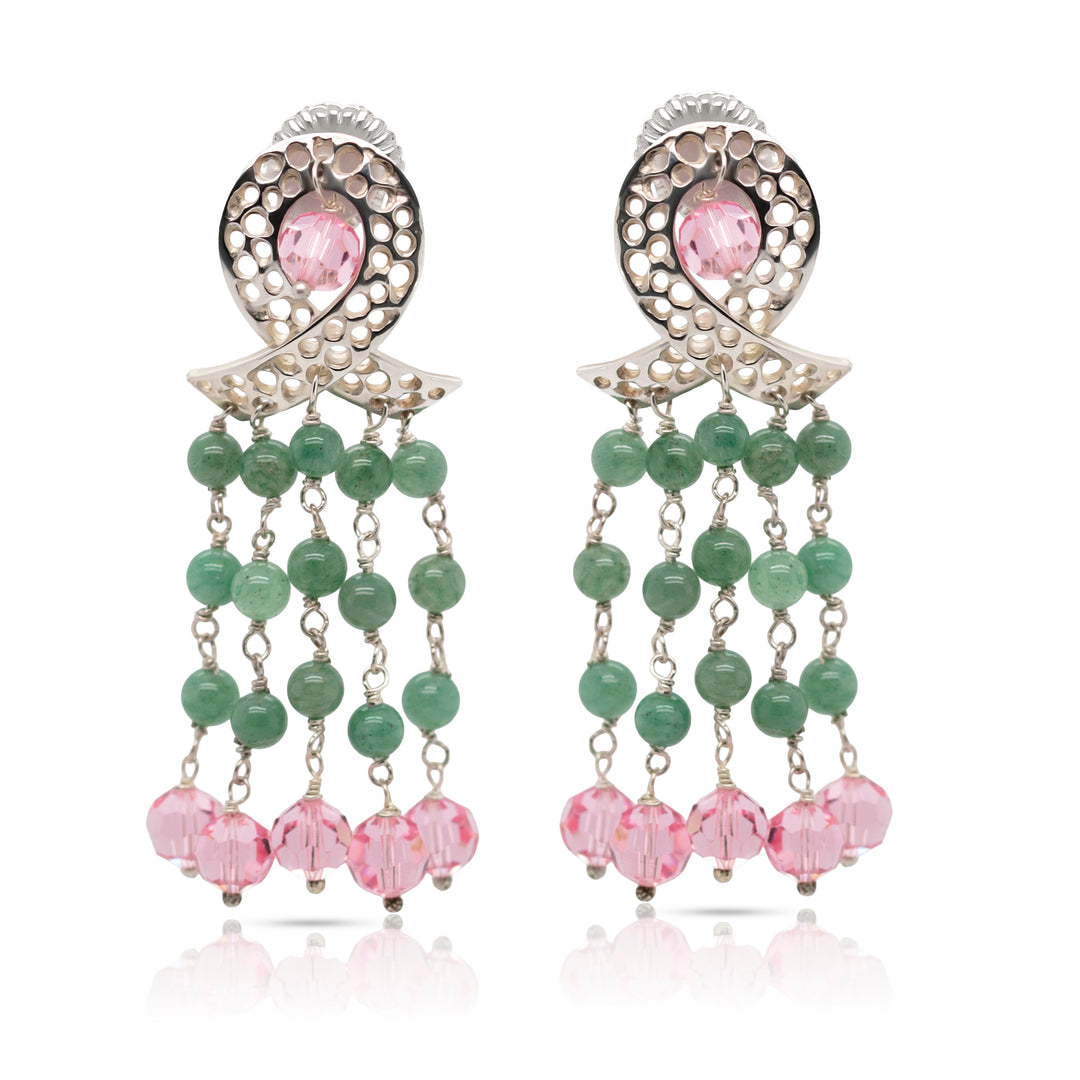 925 Sterling Silver Ribbon and Braided Green Aventurine, Pink Swarovski Cascade Earrings