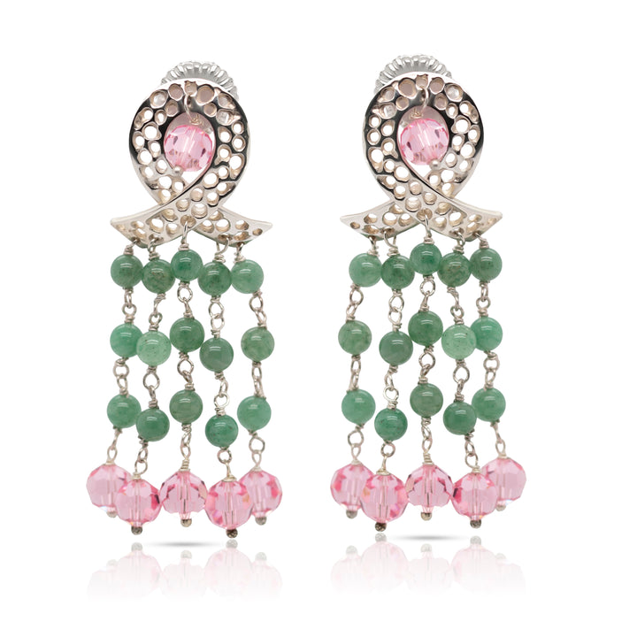 925 Sterling Silver Ribbon and Braided Green Aventurine, Pink Swarovski Cascade Earrings