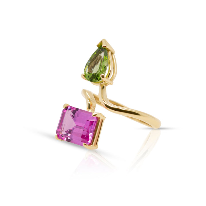 14K Yellow Gold Peridot Drop, Pink Emerald Cut Gemstones Adjustable Ring