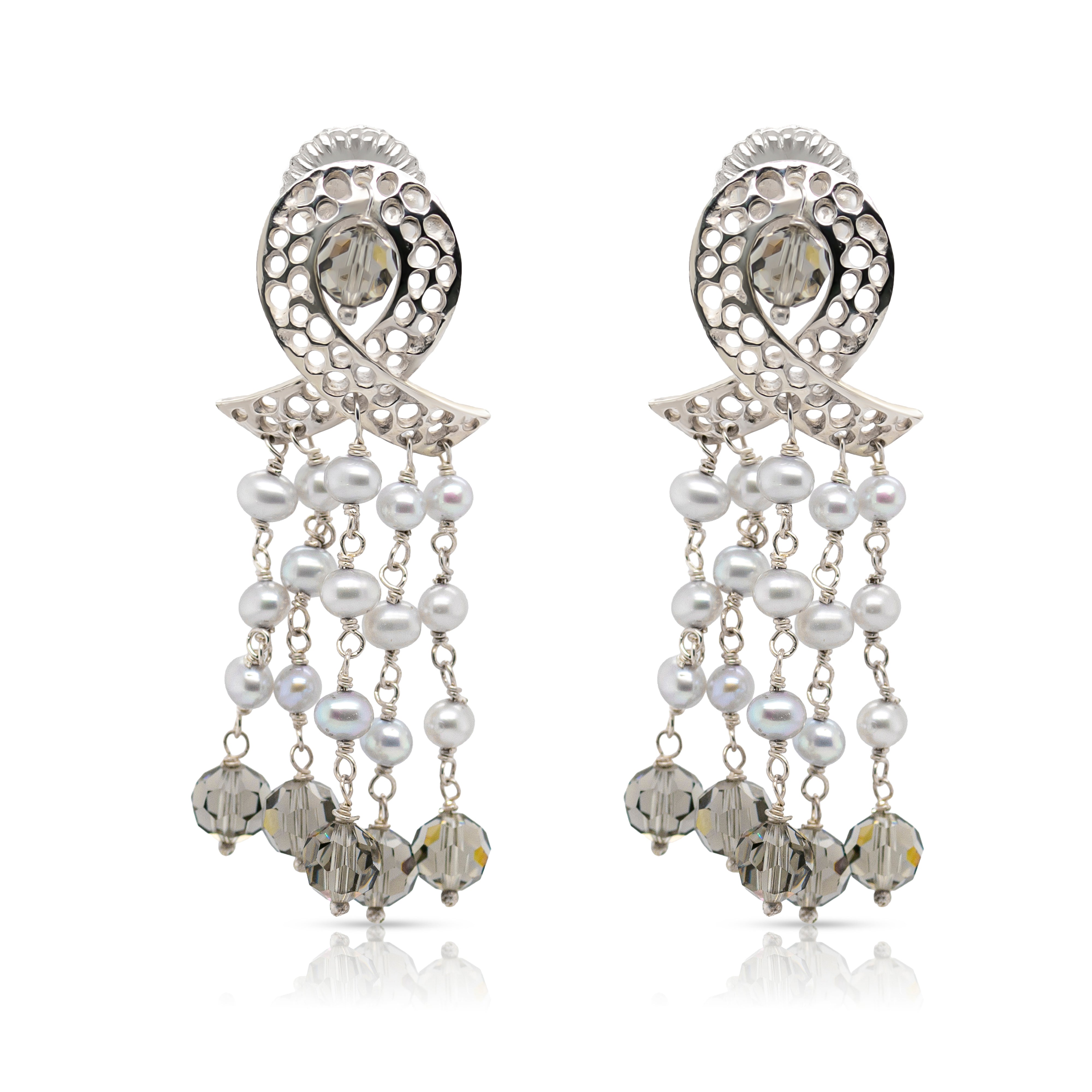 925 Sterling Silver Ribbon, Braided Pearls and Smoky Quartz Swarovski Cascade Earrings