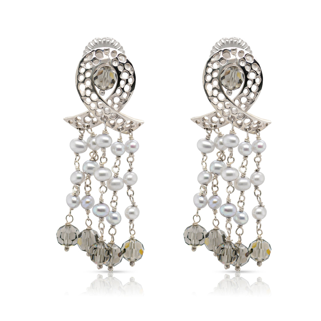 925 Sterling Silver Ribbon, Braided Pearls and Smoky Quartz Swarovski Cascade Earrings