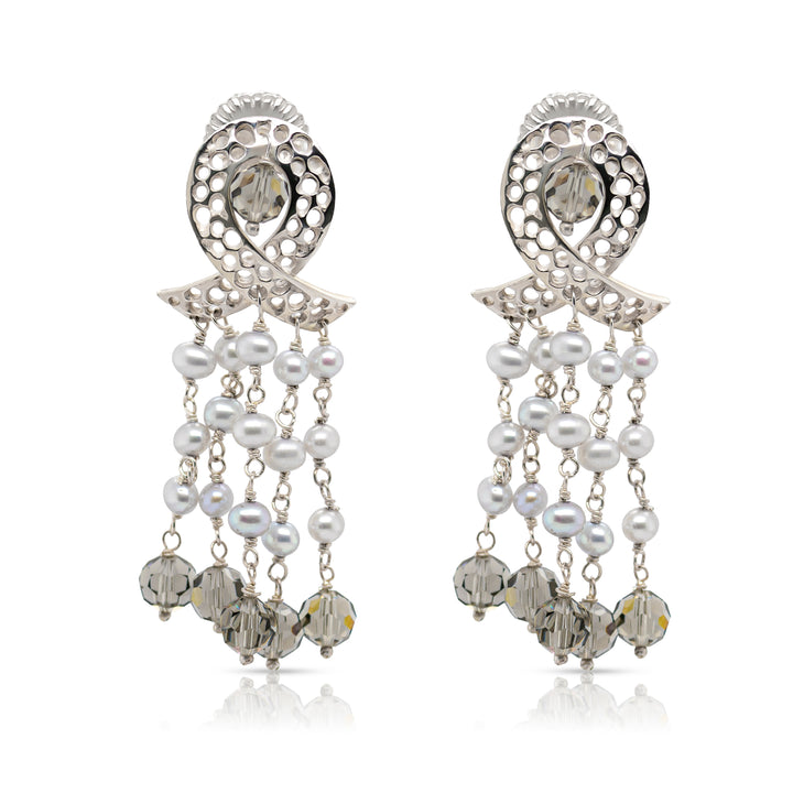 925 Sterling Silver Ribbon, Braided Pearls and Smoky Quartz Swarovski Cascade Earrings