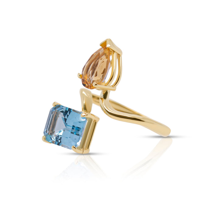 14K Yellow Gold Citrine Drop, Blue Topaz Emerald Cut Gemstones Adjustable Ring