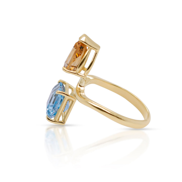 14K Yellow Gold Citrine Drop, Blue Topaz Emerald Cut Gemstones Adjustable Ring