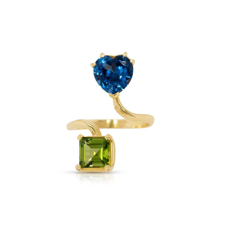 14K Yellow Gold Blue Topaz Heart and Peridot Princess Cut Gemstones Adjustable Ring