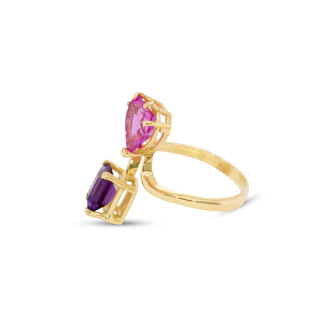 14K Yellow Gold Pink Heart and Amethyst Princess Cut Gemstones Adjustable Ring