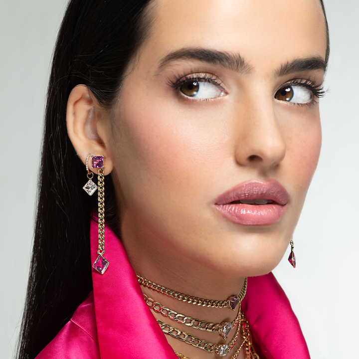 14K Yellow Gold Princess Cut Pink Gemstones Cuban Chain Earrings