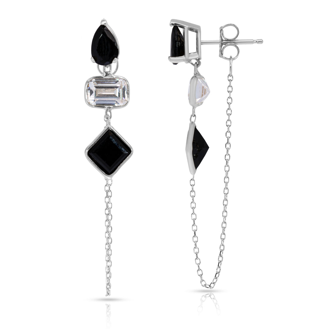 14K White Gold Drop, Emerald And Princess Cut Black Onyx And White Gemstones Chain Studs