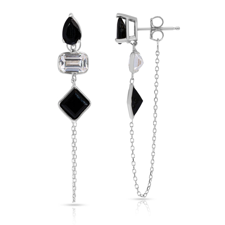 14K White Gold Drop, Emerald And Princess Cut Black Onyx And White Gemstones Chain Studs
