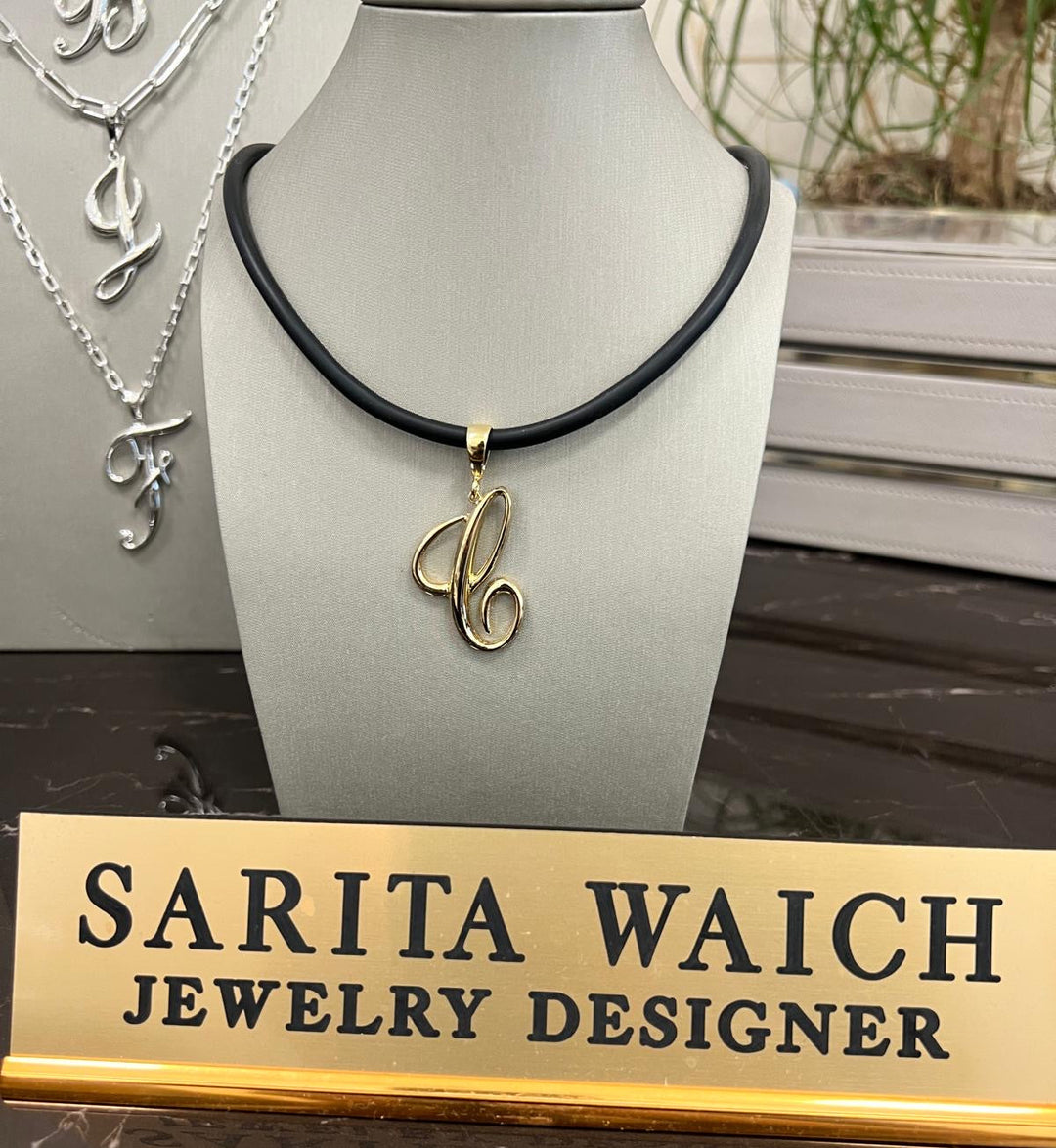14K Yellow Gold Vermeil Silver Statement Initial Charm and Chocker Necklace