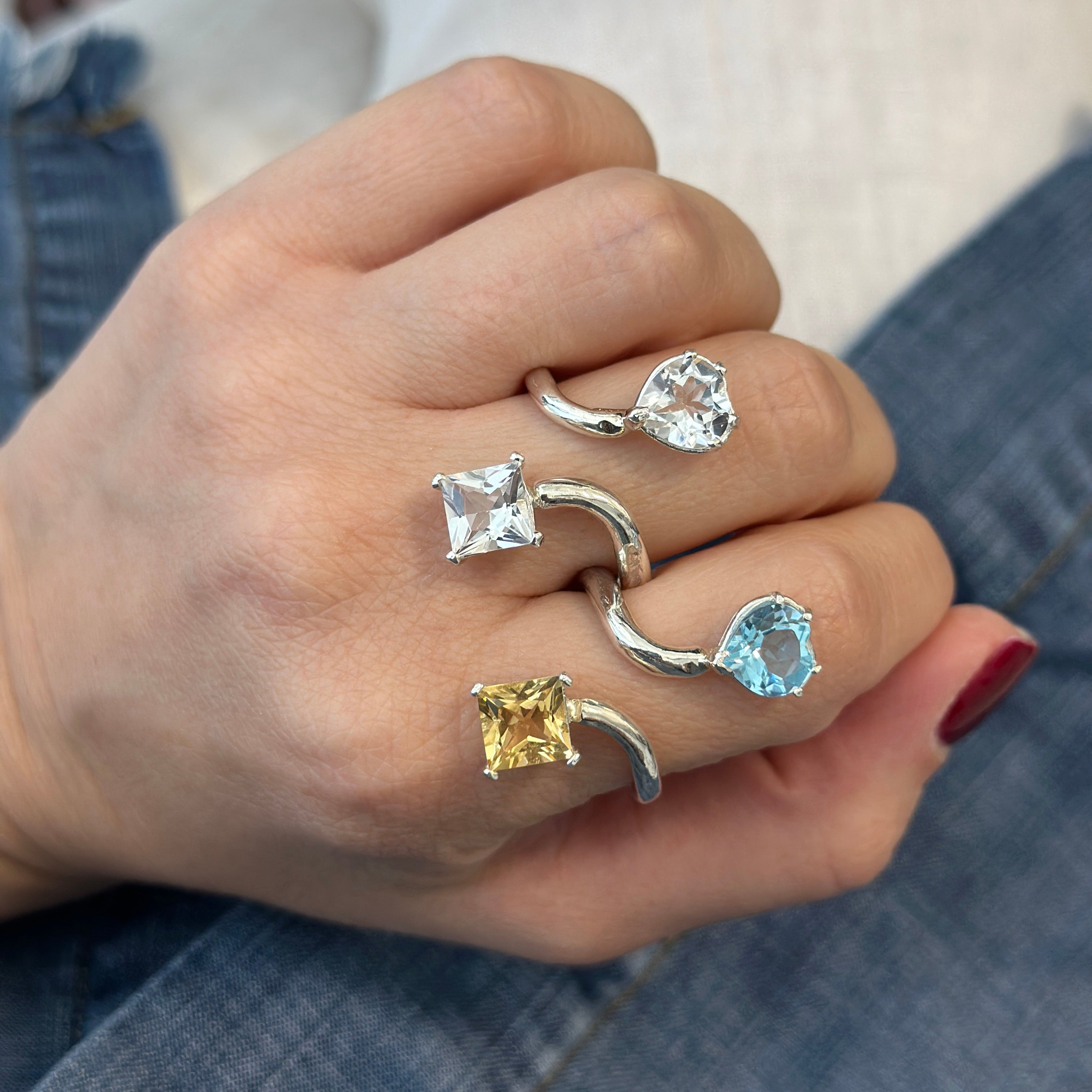 925 Sterling Silver Blue Topaz Heart and Citrine Princess Cut Gemstones Adjustable Ring