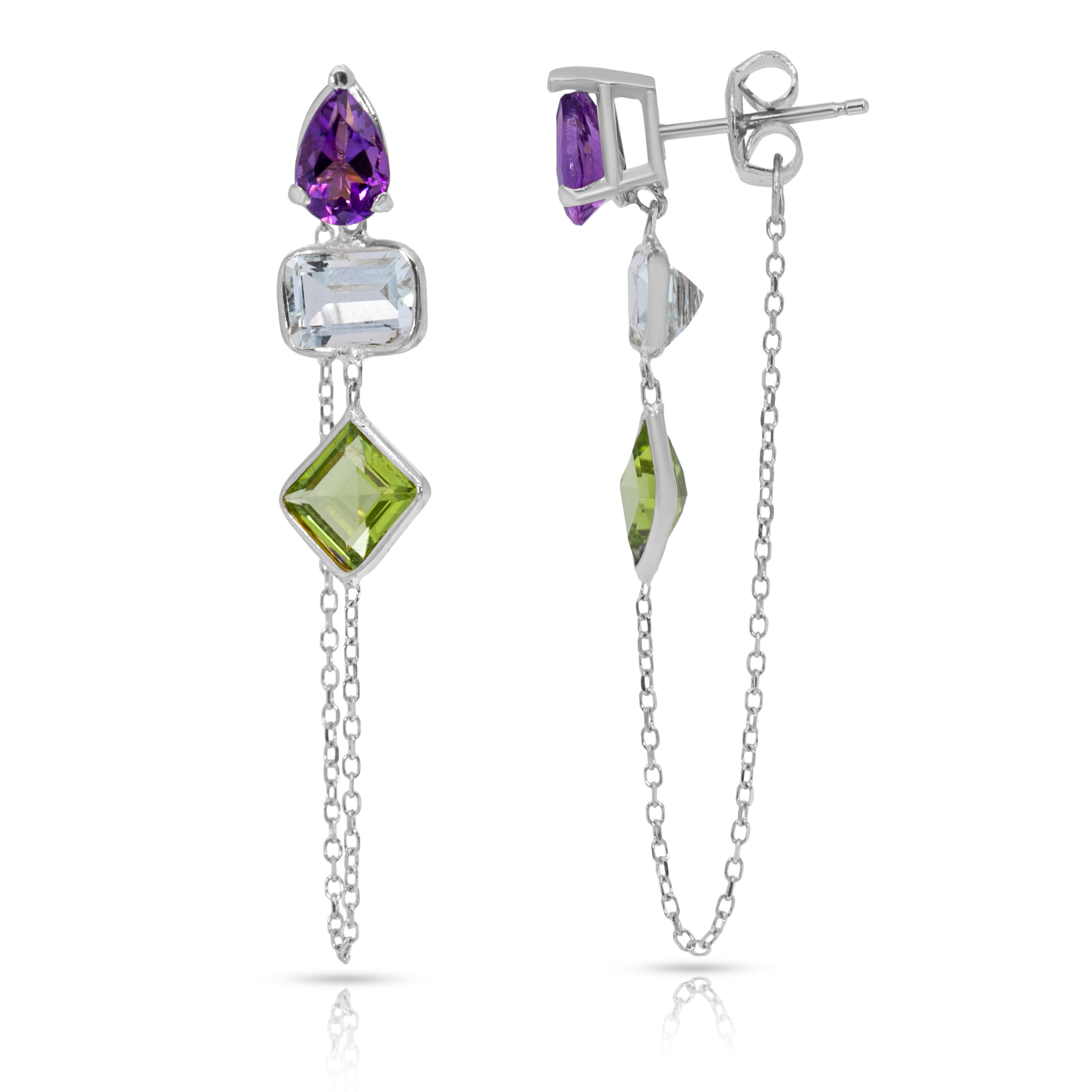 14K White Gold Drop, Emerald And Princess Cut Amethyst, White And Peridot Gemstones Chain Studs