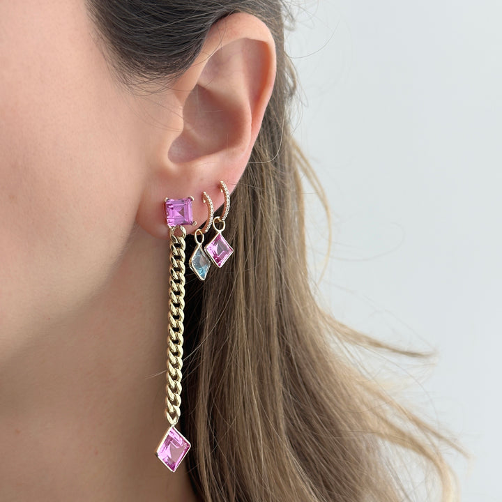 14K Yellow Gold Princess Cut Pink Gemstones Cuban Chain Earrings