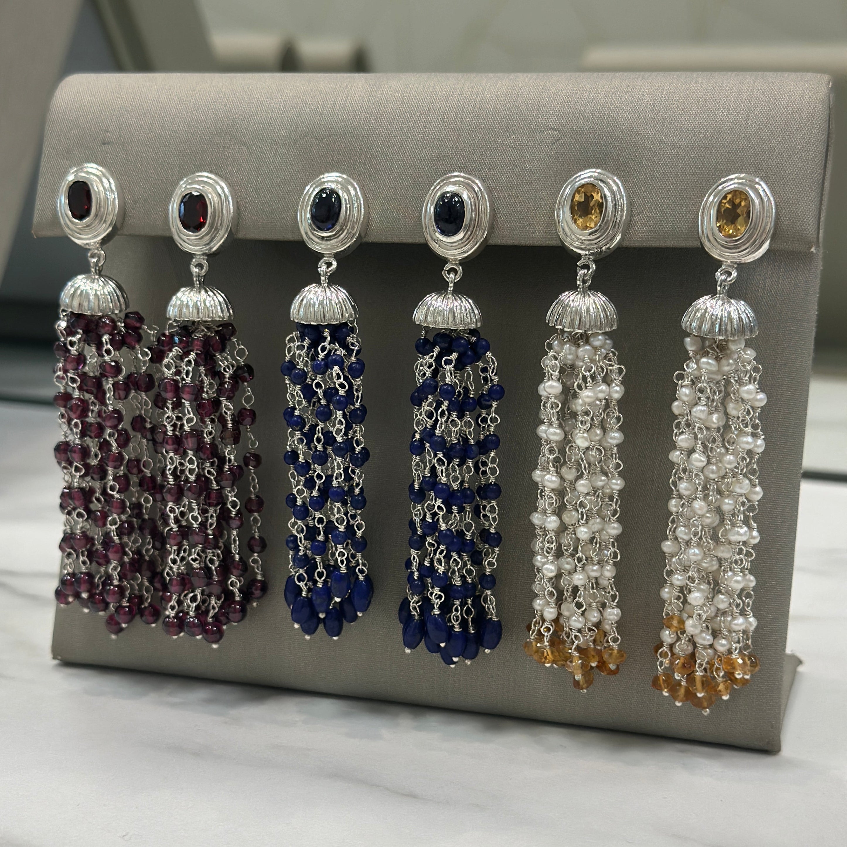 925 Sterling Silver, Citrine and Pearls Braided Pom Pom Dangling Earrings