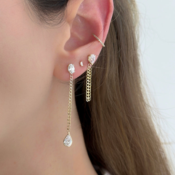 14K Yellow Gold Oval And Drop White Cuban Chain Earrings