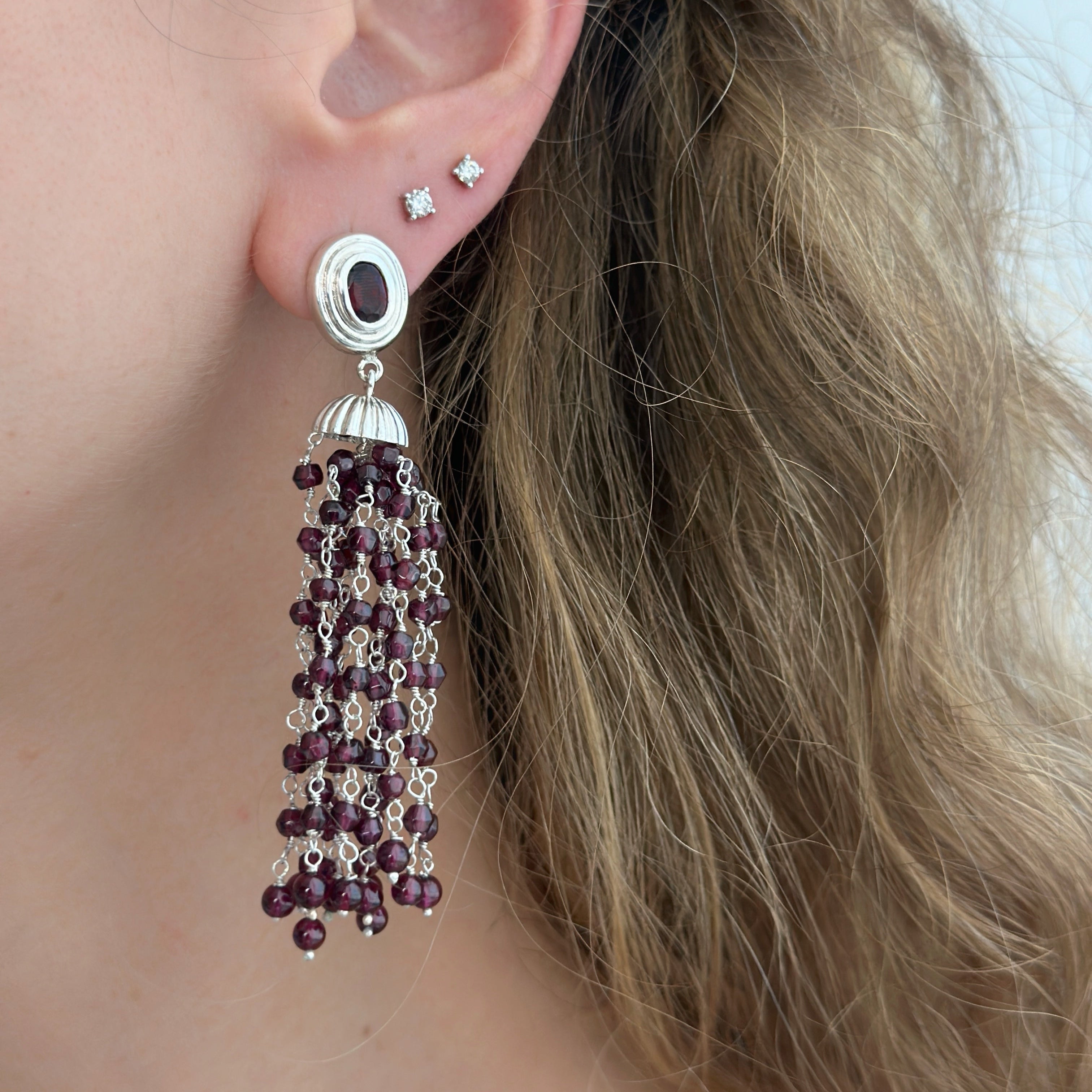 925 Sterling Silver and Garnet Braided Pom Pom Dangling Earrings