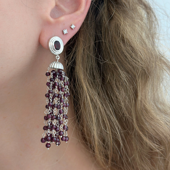 925 Sterling Silver and Garnet Braided Pom Pom Dangling Earrings