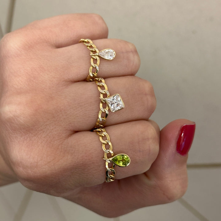 Drop Gemstone Cuban Chain Ring (Peridot)