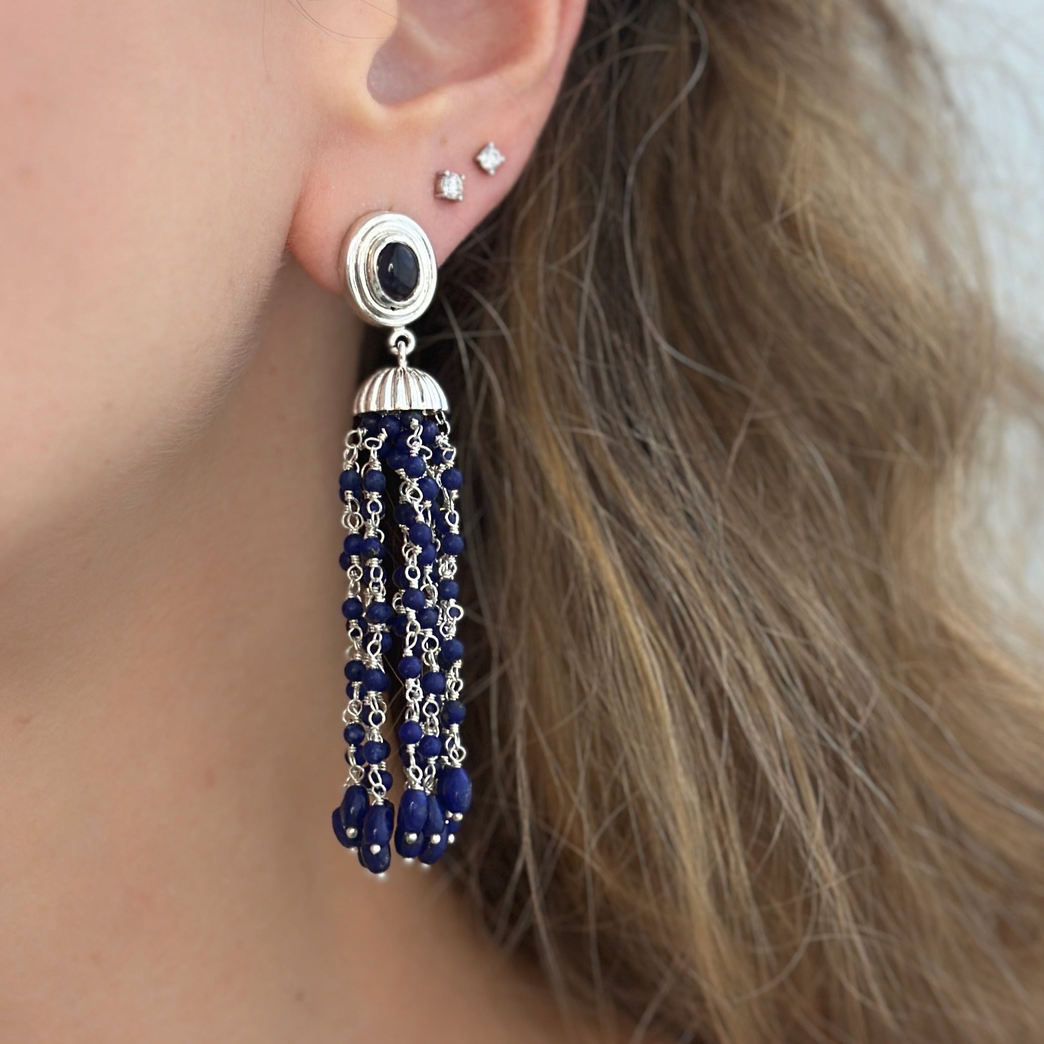 925 Sterling Silver and Lapis Lazuli Braided Pom Pom Dangling Earrings
