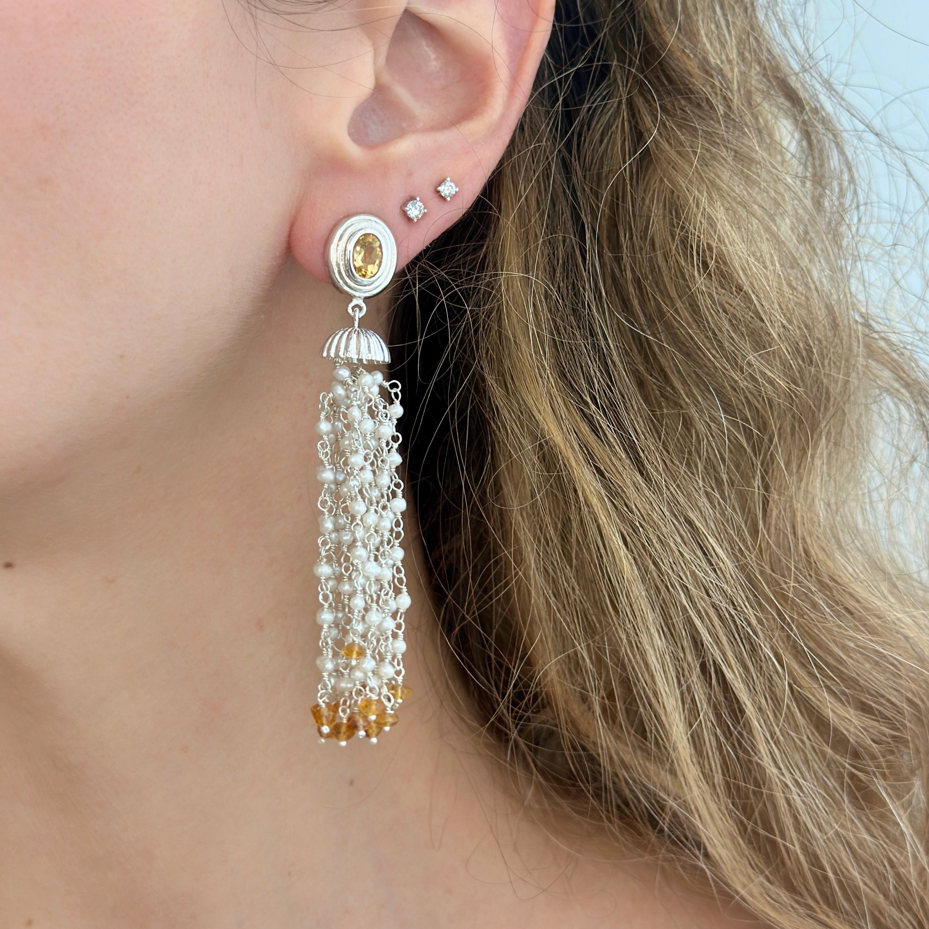 925 Sterling Silver, Citrine and Pearls Braided Pom Pom Dangling Earrings