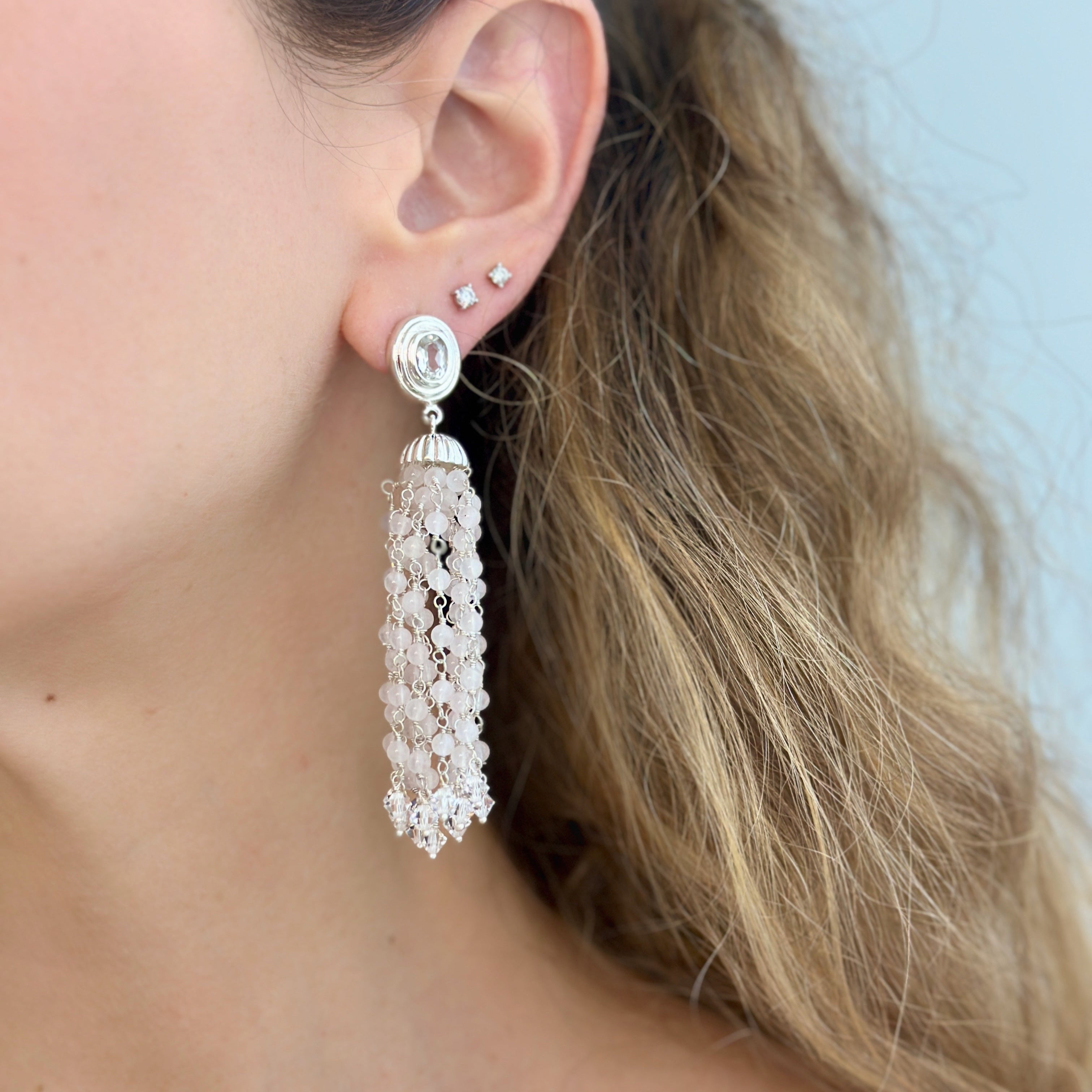 925 Sterling Silver and Rose Quartz Braided Pom Pom Dangling Earrings