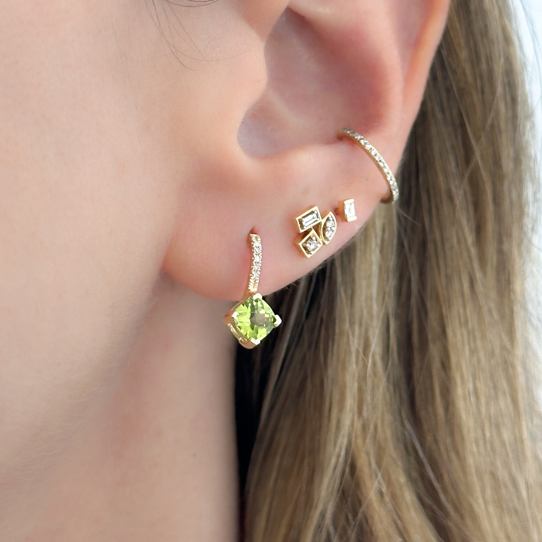 14K Gold Princess Cut Peridot and Diamonds Earrings