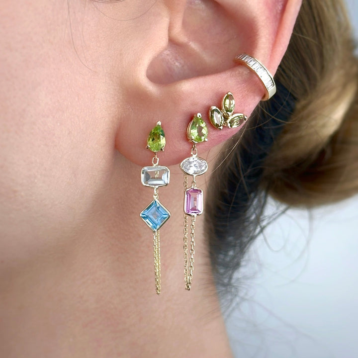 14K Yellow Gold Drop, Emerald And Princess Cut Peridot, White, Blue Topaz Gemstones Chain Studs