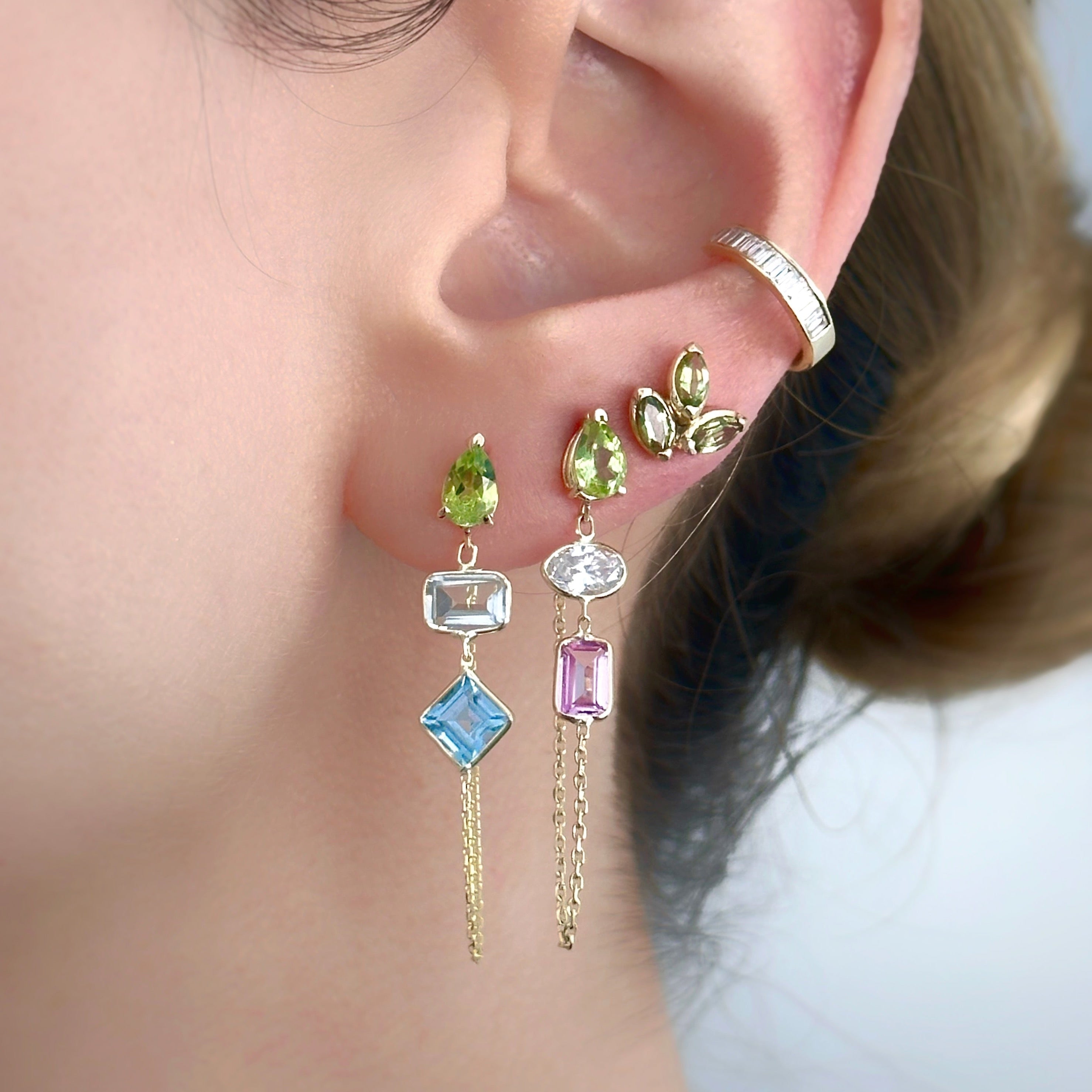 14K Yellow Gold Drop, Oval And Emerald Cut Peridot, White