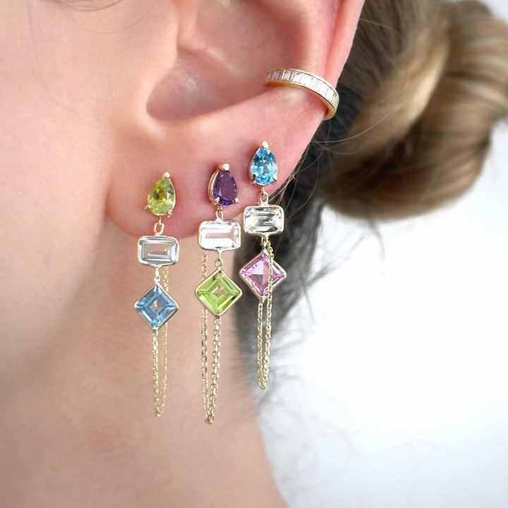 14K Yellow Gold Drop, Emerald And Princess Cut Blue Topaz, White And Pink Gemstones Chain Studs