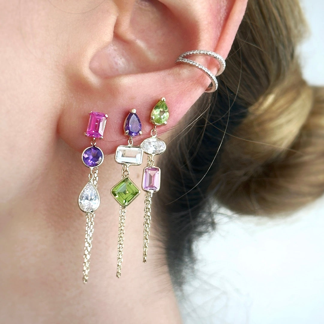 14K Yellow Gold Emerald, Round And Drop Cut Pink, Amethyst And White Gemstones Chain Studs