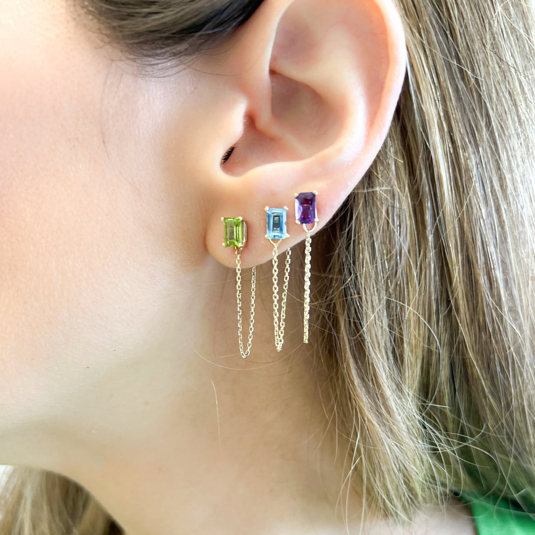 14K Yellow Gold Single Emerald Cut Black Onyx Gemstone Chain Studs Earrings