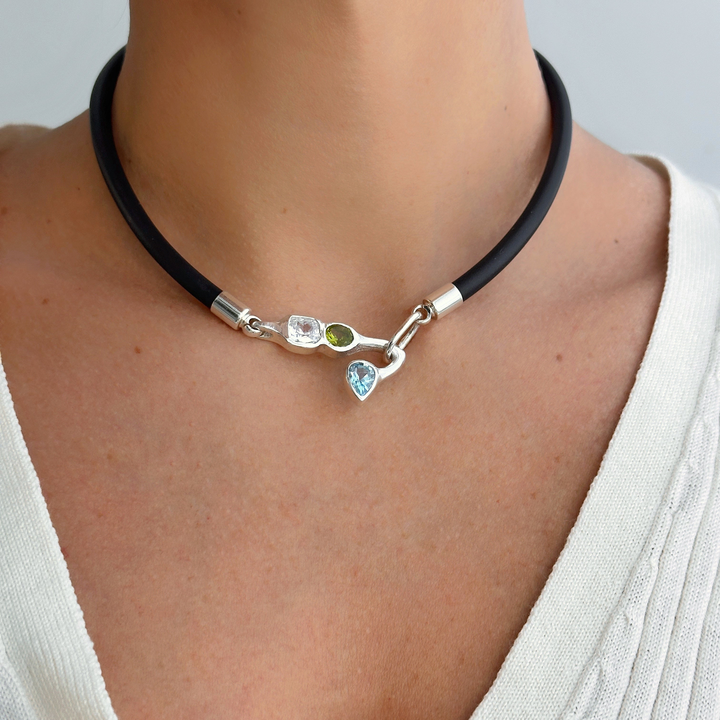 925 Sterling Silver White, Peridot and Blue Topaz Black Chocker