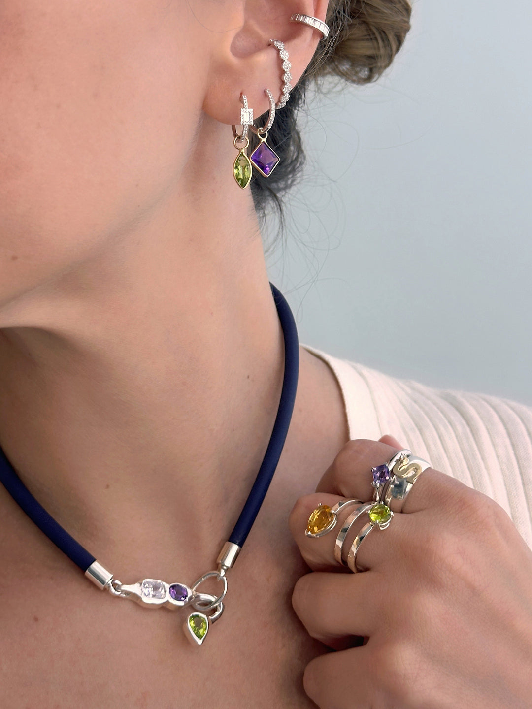925 Sterling Silver White, Amethyst and Peridot Navy Chocker