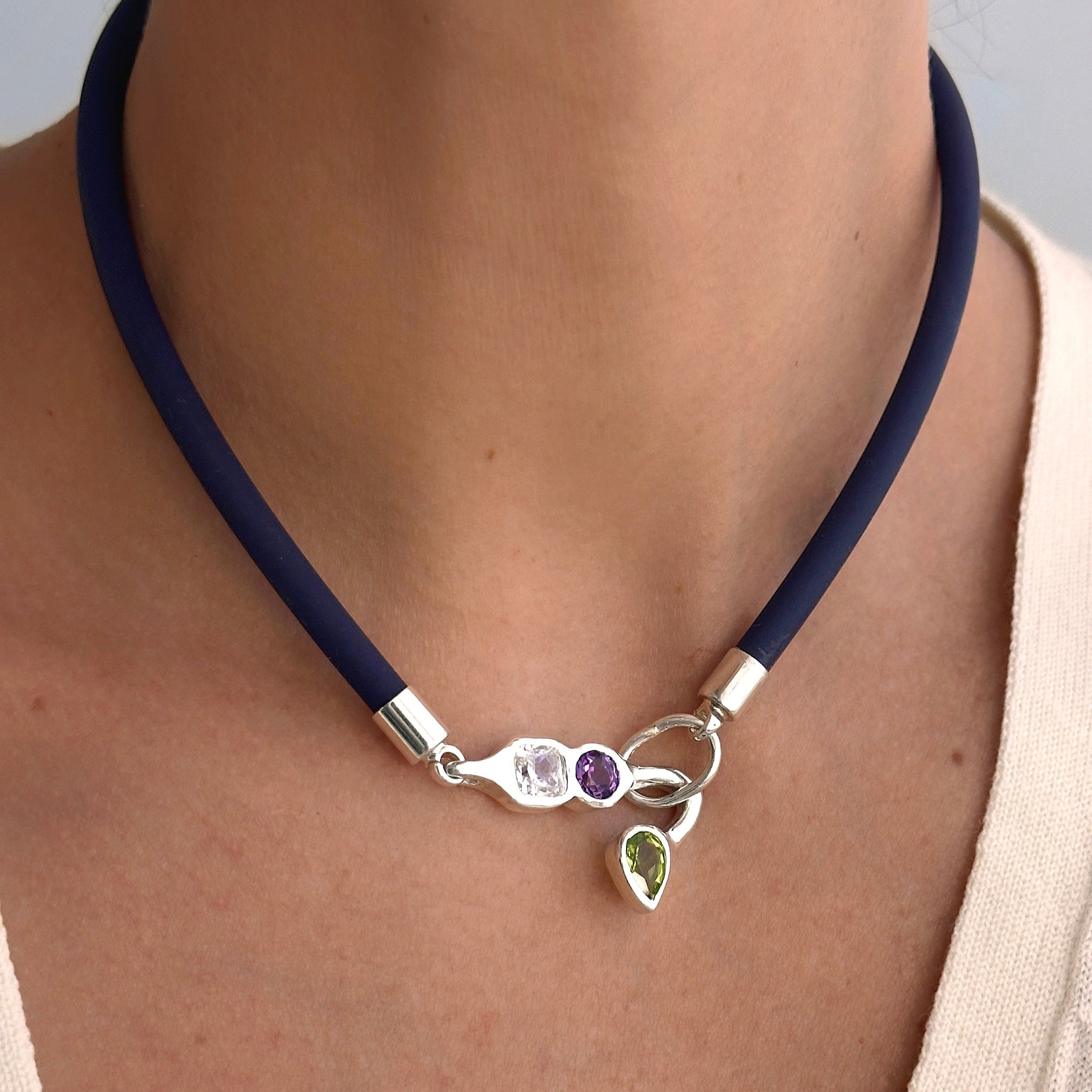 925 Sterling Silver White, Amethyst and Peridot Navy Chocker