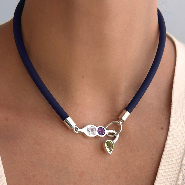 925 Sterling Silver White, Amethyst and Peridot Navy Chocker
