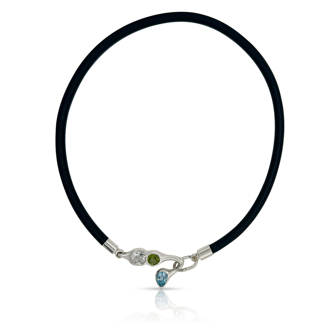 925 Sterling Silver White, Peridot and Blue Topaz Black Chocker