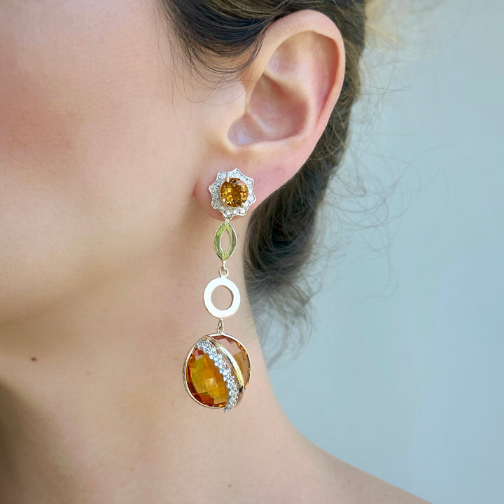 Rounded Citrine, Diamonds and Gold Earring Pendants
